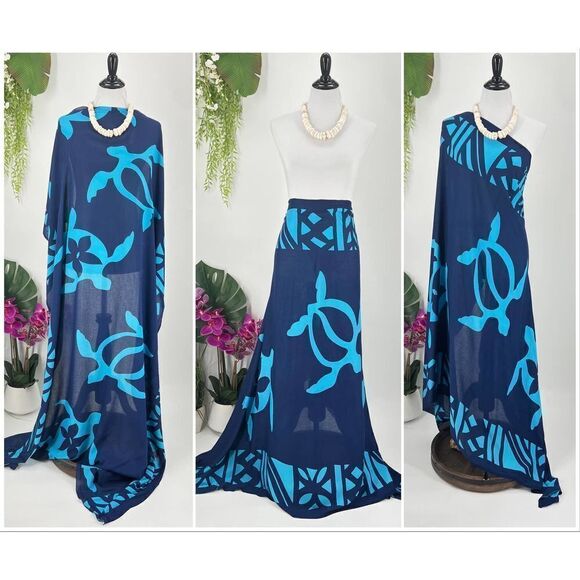 Cerulean/Azure Blue Honu SARONG Kīkepa Pareo Beach Wrap Skirt Summer Scarf - Picture 3 of 4